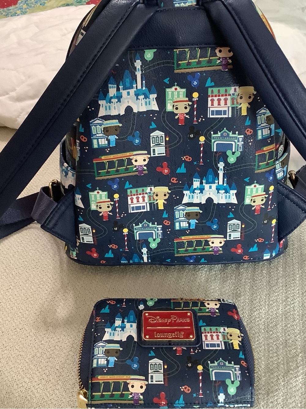 Loungefly Navy Blue Disney Parks Pattern Kids Mini Backpack and Zip Wallet